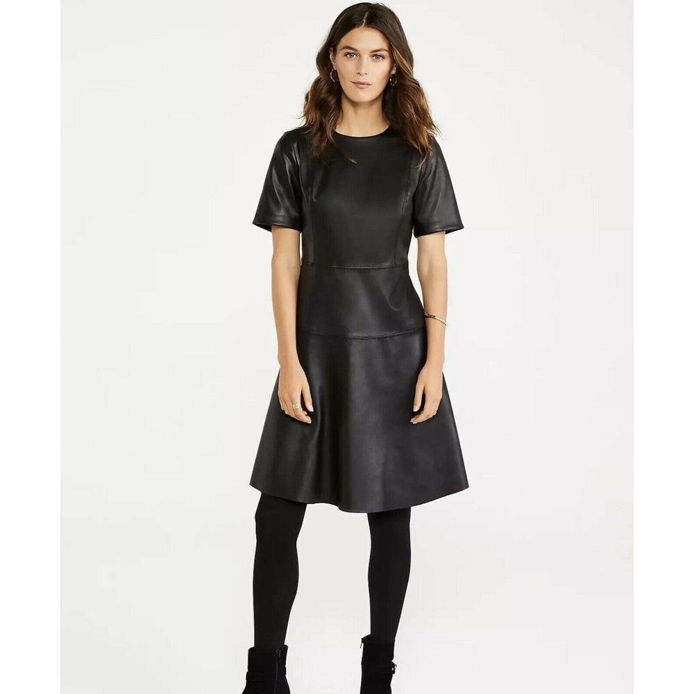 Black Ann Taylor Faux Leather Fit-and-Flare Short Sleeve Dress (NWT)